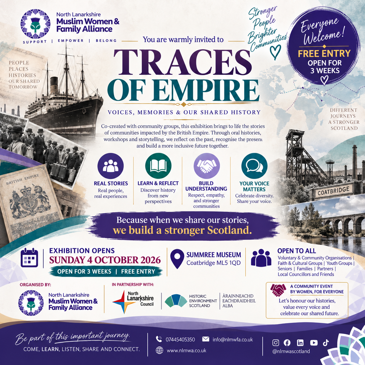 Traces of Empire exhibition poster announcing free entry at Summerlee Museum, Coatbridge, from 4 October 2026