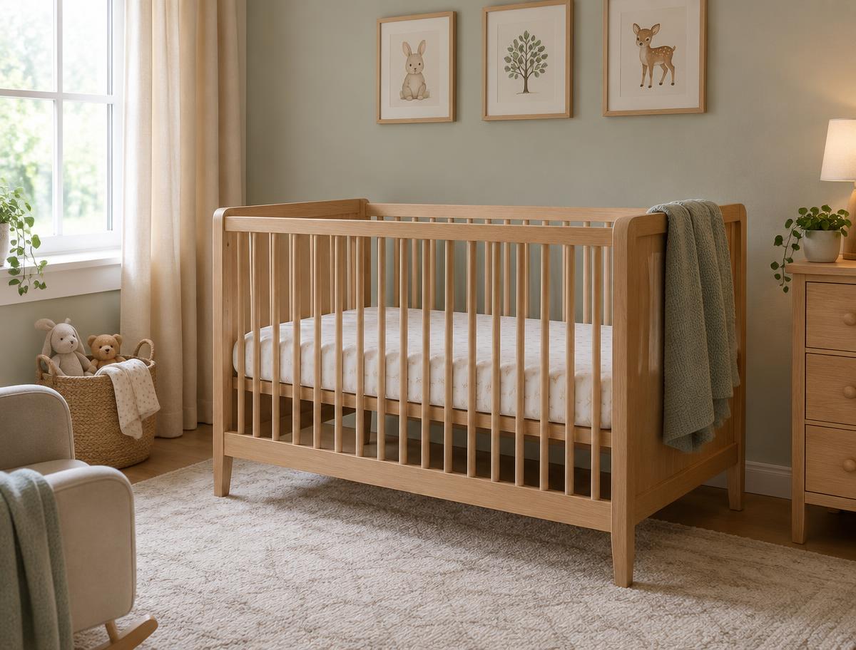 Illustrative image of an empty baby cot in a nursery