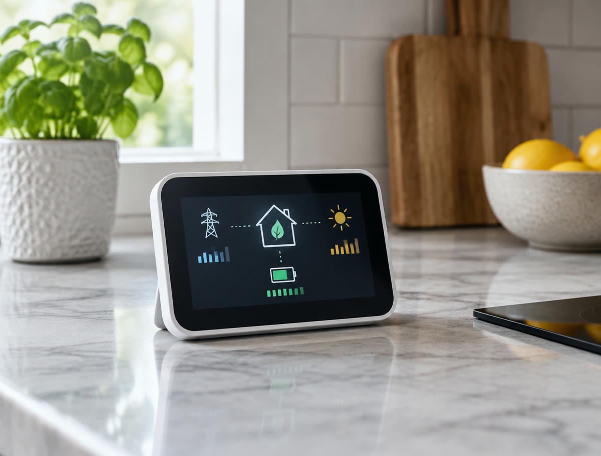 Illustrative image of a home energy display on a kitchen worktop