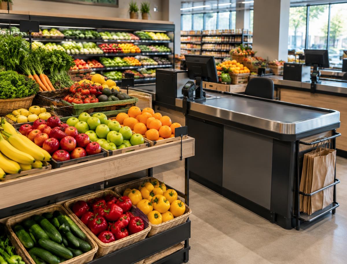 Illustrative image of a shop checkout with fresh fruit and vegetables; not a specific retailer