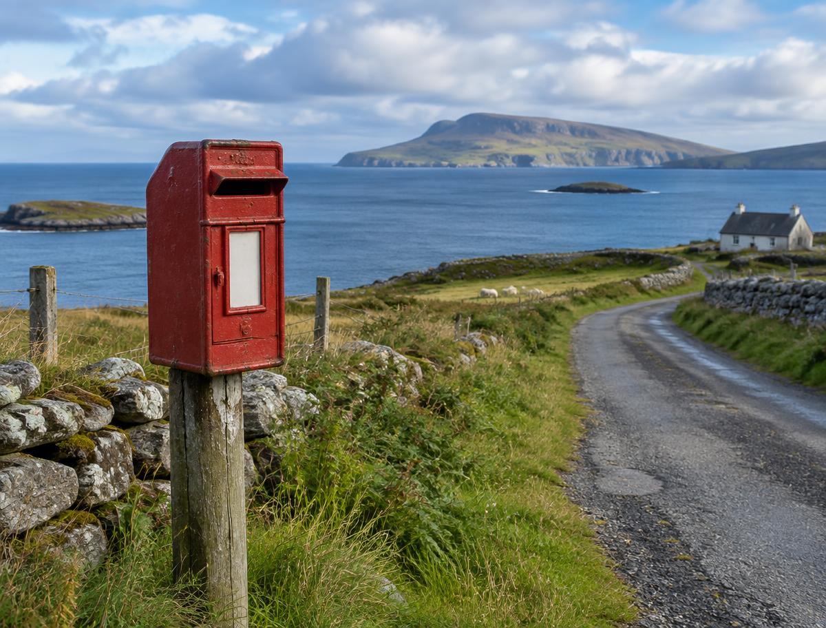 Illustrative image of a post box beside a single-track road on a Scottish island; not a specific location