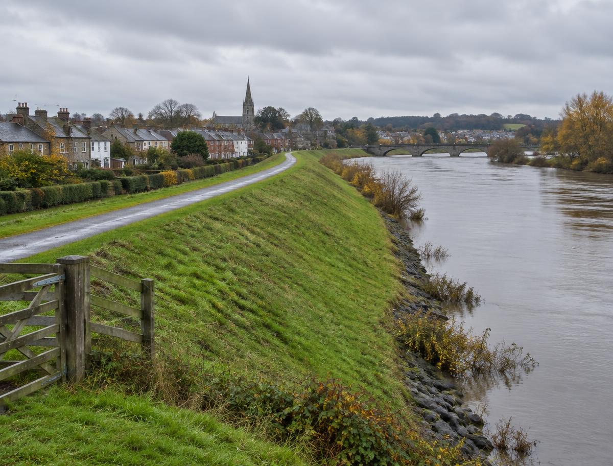 Illustrative image of a river embankment beside a British town, not a location named in the announcement