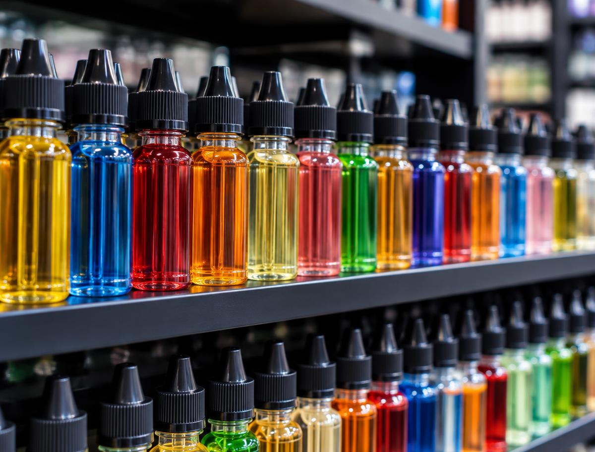 Illustrative image of unlabelled vaping liquid bottles on a shelf